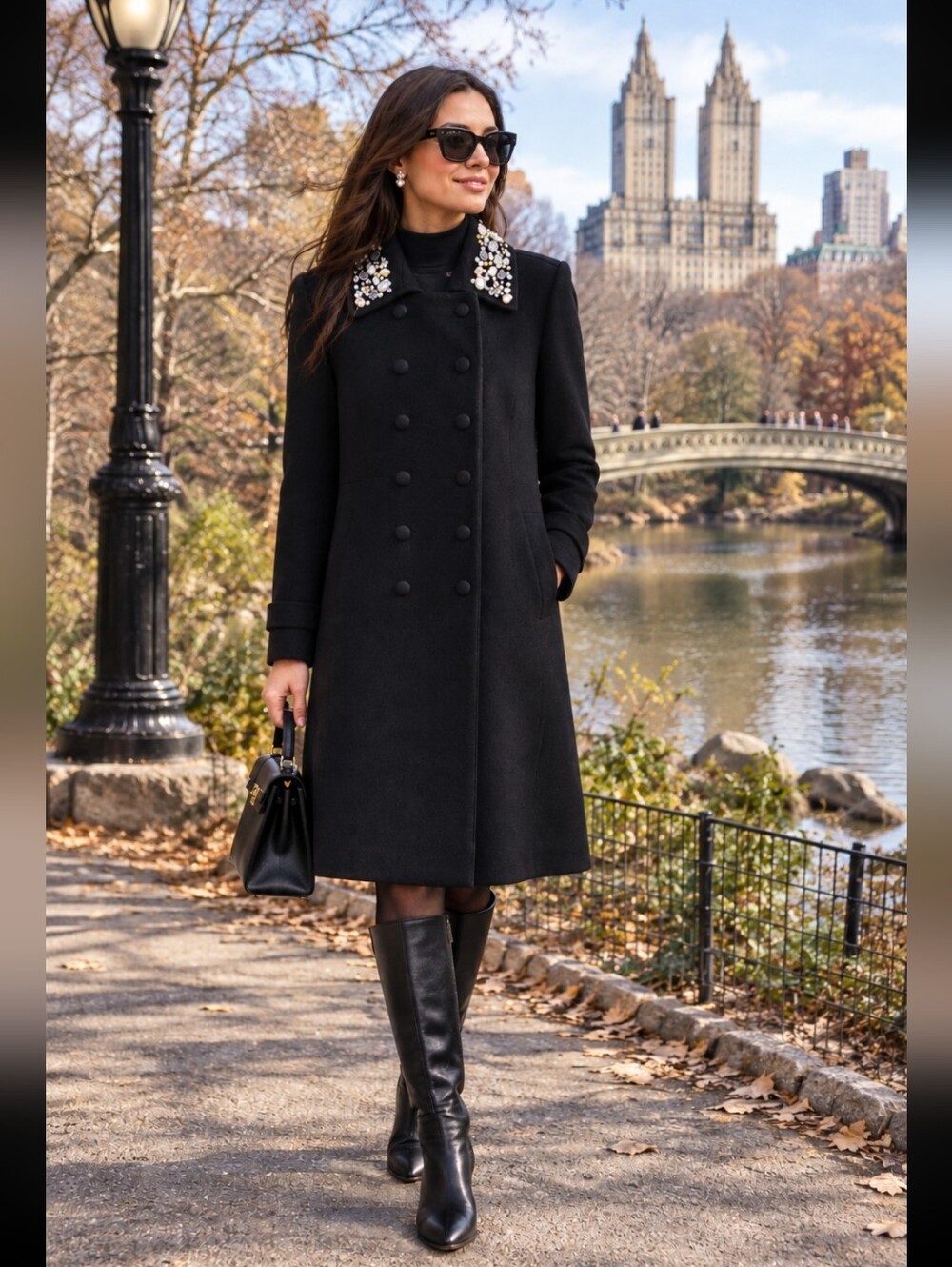 Bebe Black Wool Double-Breasted Coat with Embellished Collar XXS